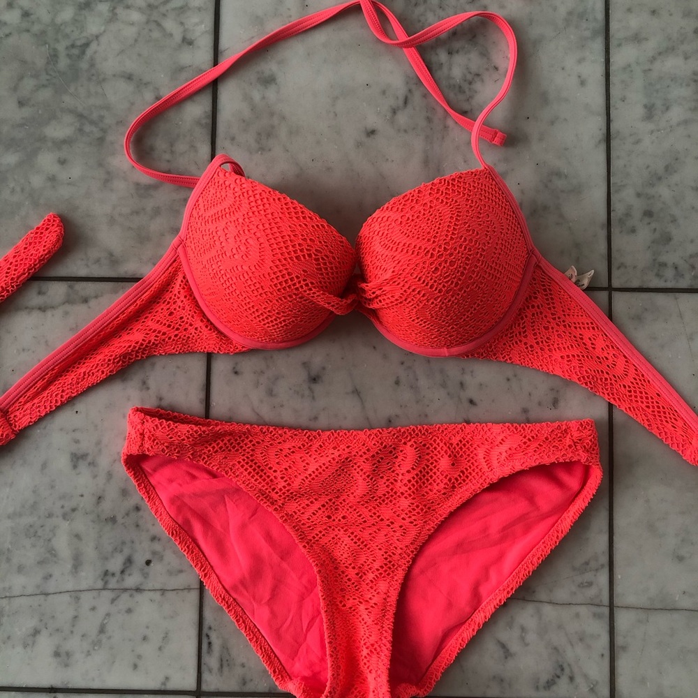 AERIE - Neon Coral Crochet Push-Up Bikini